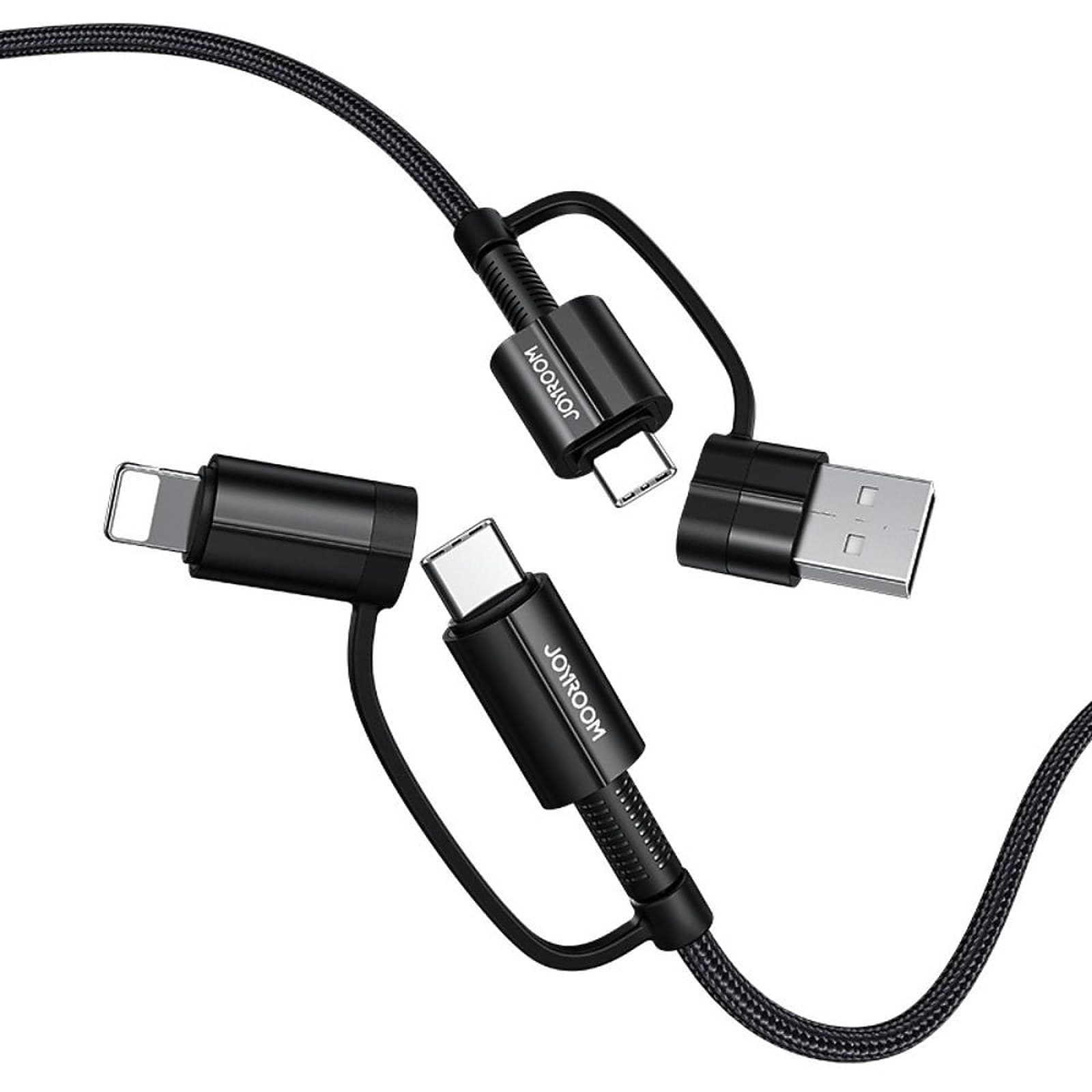 Joyroom 4-in-1 Multi-Function Charging and Data Cable for iPhone 15/ 16, Android, 8-Pin, Type C, USB A, 1.8m, Black