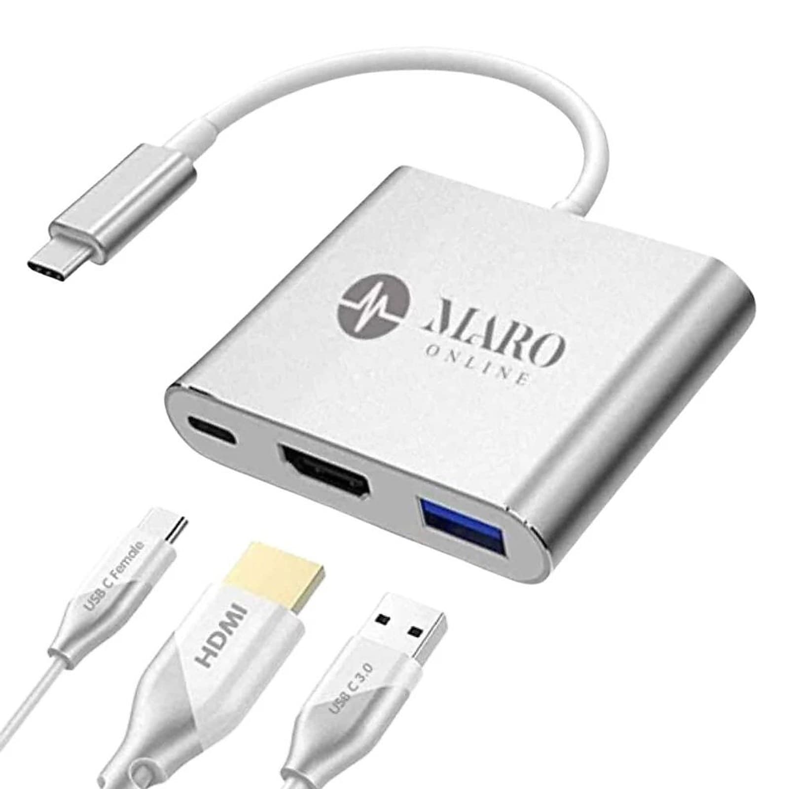 Maro Multiport USB C Hub Adapter with 4K HDMI, USB 3.0, and Type C Charging, 3-in-1 Portable Adapter for Laptops, MacBooks