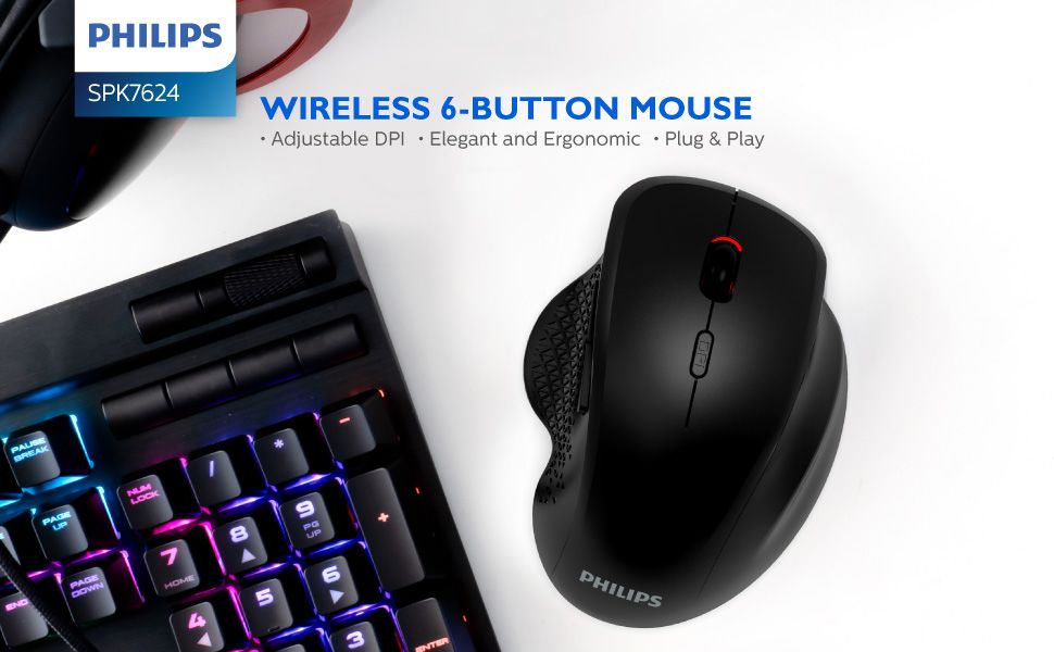 PHILIPS 6-Button Wireless Mouse with Adjustable DPI (Model: SPK7624)