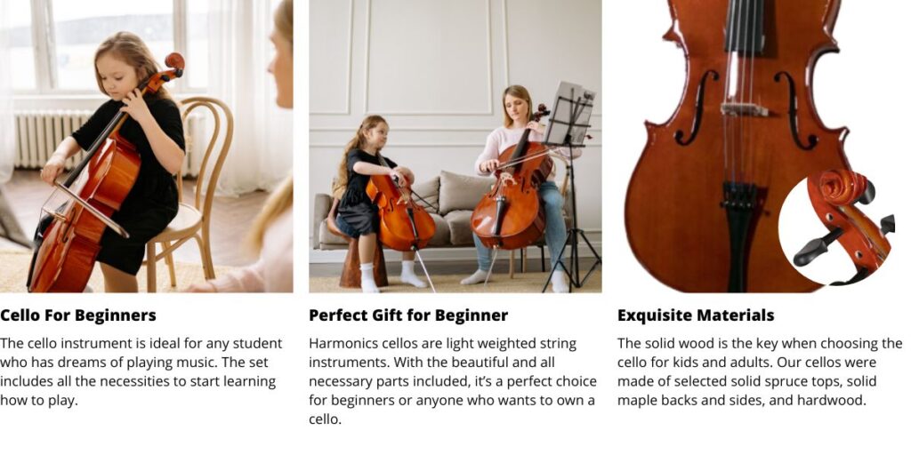 Harmonics Solid Wood Handmade Cello with Soft Case Bag Bow Rosin 2