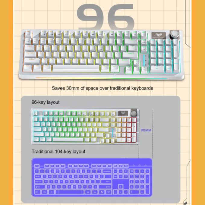 Aula S98 Tri-Mode RGB Gasket Mechanical Gaming Keyboard, Wireless Bluetooth, 2.4G, Wired Triple Mode Keyboard, White