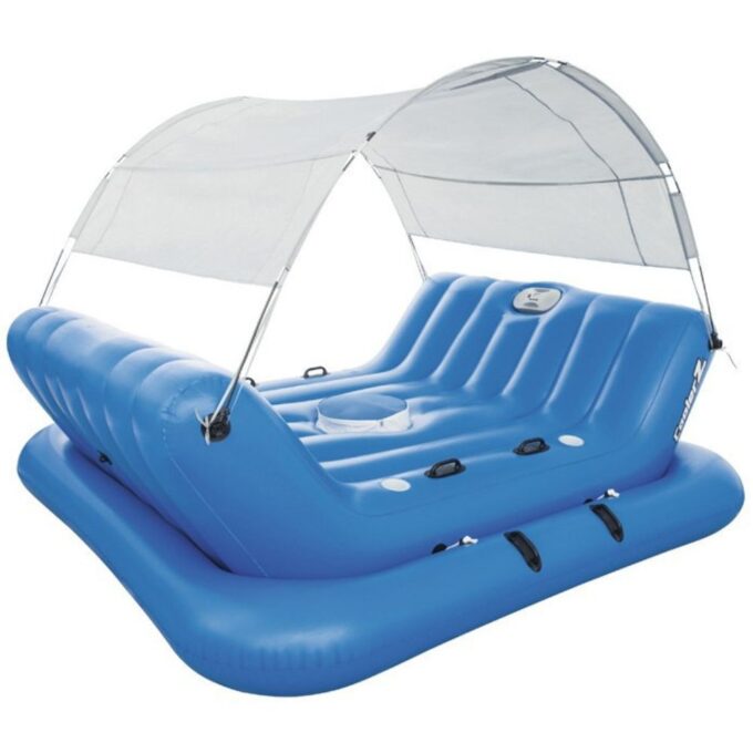 Inflatable Floating Island Lounger with Sunshade, Floating Island Pool Water Float with Sound Bar and Cup Holder