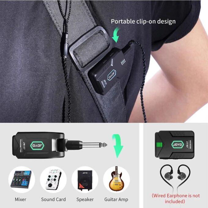 JOYO JW-07 2.4G Wireless In-ear Monitor System, Rechargeable Transmitter and Receiver for Earphones, Guitar, DJ, Black