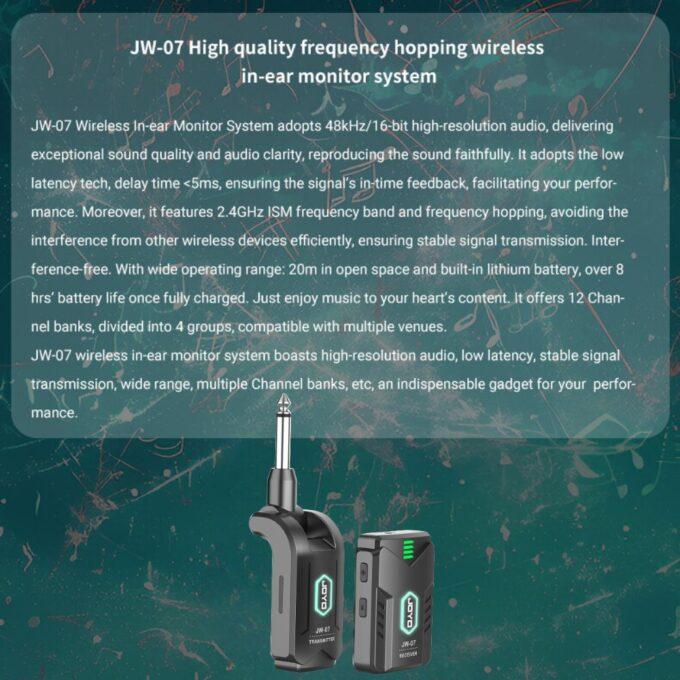 JOYO JW-07 2.4G Wireless In-ear Monitor System, Rechargeable Transmitter and Receiver for Earphones, Guitar, DJ, Black
