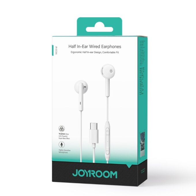 Joyroom Type-C Series Half In-Ear Wired Earphones, High-Definition Sound, Comfortable Fit and USB-C Compatibility, White
