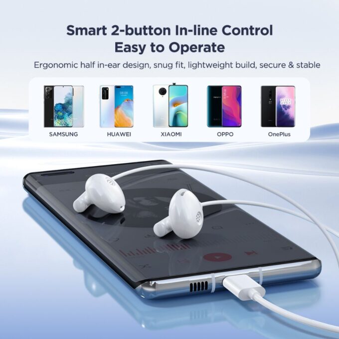 Joyroom Type-C Series Half In-Ear Wired Earphones, High-Definition Sound, Comfortable Fit and USB-C Compatibility, White