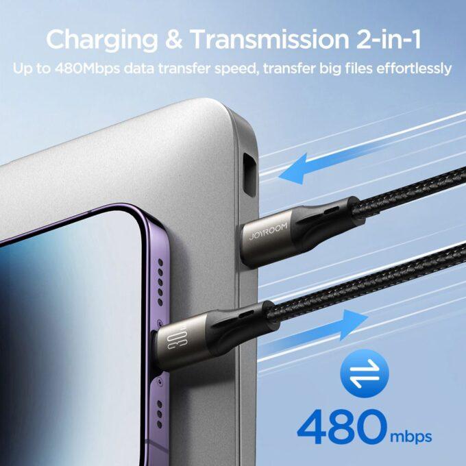 Joyroom USB Type-C to Type-C 100W Fast Charging and Data Cable, Nylon Braided Charger for iPhone, iPad, 1.2m, Black