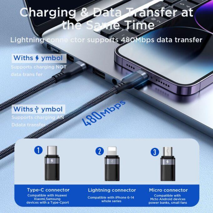 Joyroom S-A18 Multi-Use Series 3-in-1 Fast Charging USB Type-C to Lightning, Type-C, Micro USB Charger Data Cable, Black