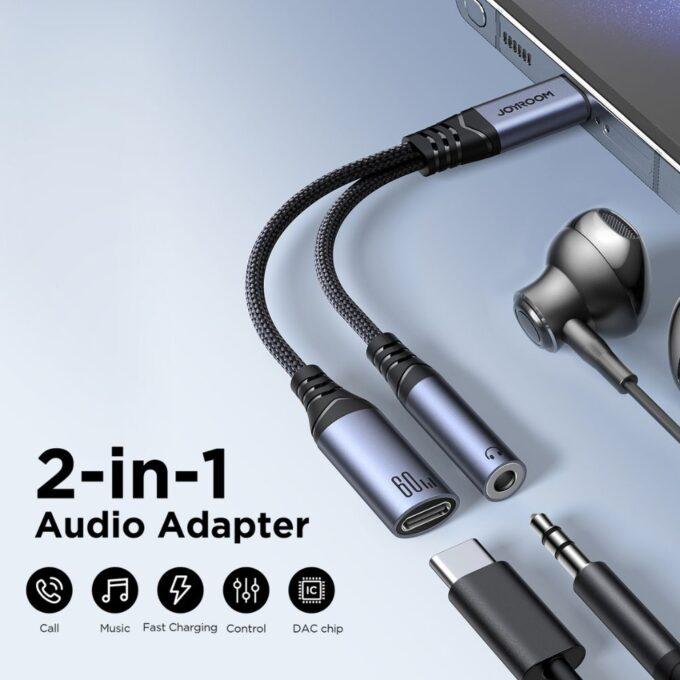 Joyroom 2-in-1 USB-C Audio Adapter Type-C to 3.5mm, Type-C Connector, HiFi Sound, Fast Charging, iPhone 15/ 16, Android, Black