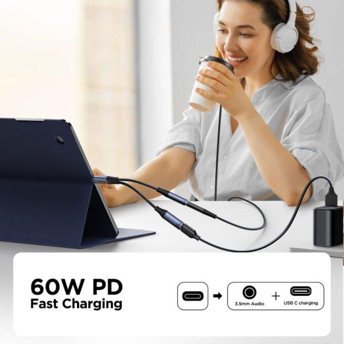 Joyroom 2-in-1 USB-C Audio Adapter Type-C to 3.5mm, Type-C Connector, HiFi Sound, Fast Charging, iPhone 15/ 16, Android, Black