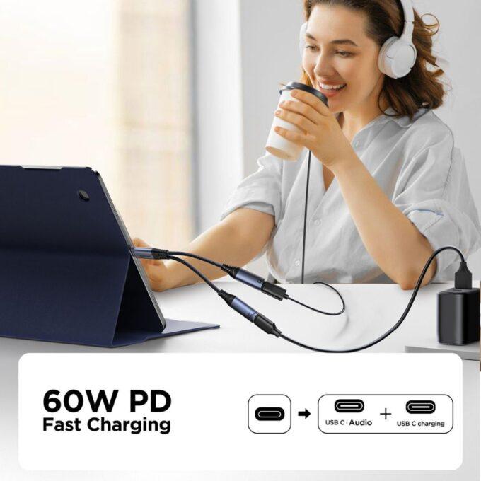 Joyroom SY-C03 2-in-1 USB-C Audio Adapter, Dual USB Type C Ports for Fast Charging, iPhone 15/ 16, Android, Black