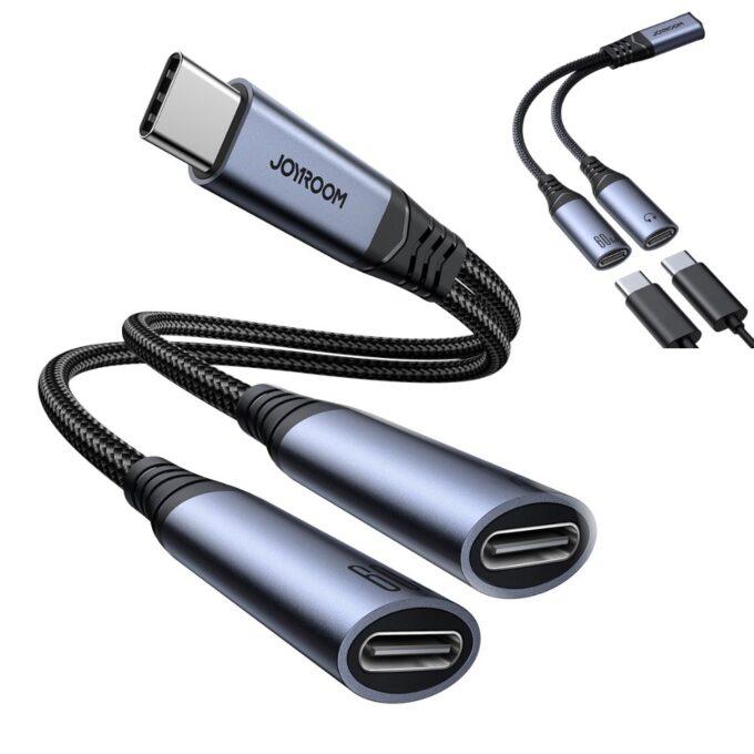 Joyroom SY-C03 2-in-1 USB-C Audio Adapter, Dual USB Type C Ports for Fast Charging, iPhone 15/ 16, Android, Black
