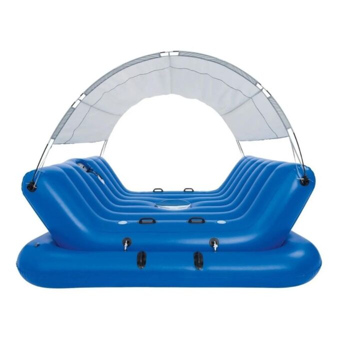 Inflatable Floating Island Lounger with Sunshade, Floating Island Pool Water Float with Sound Bar and Cup Holder