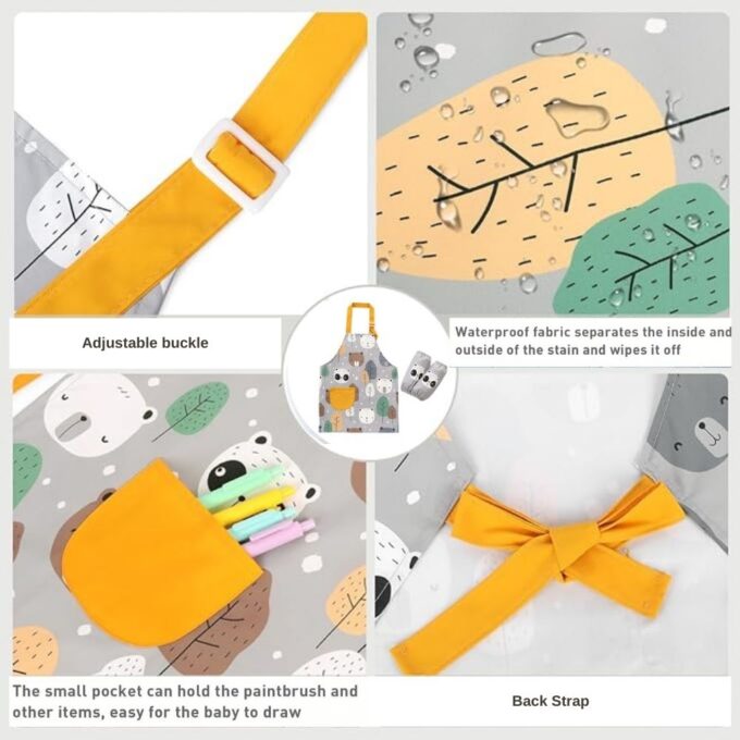 Waterproof Panda Kids Painting Apron, Toddler Art Smock Children Apron for Painting, Cooking, Baking, Grey, Medium